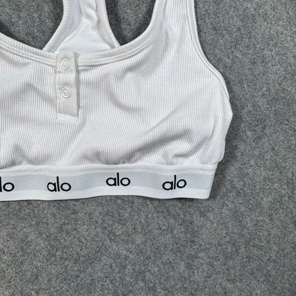 Alo Yoga Sports Bra Womens S White Wellness Henley Ribbed Racerback Logo Band